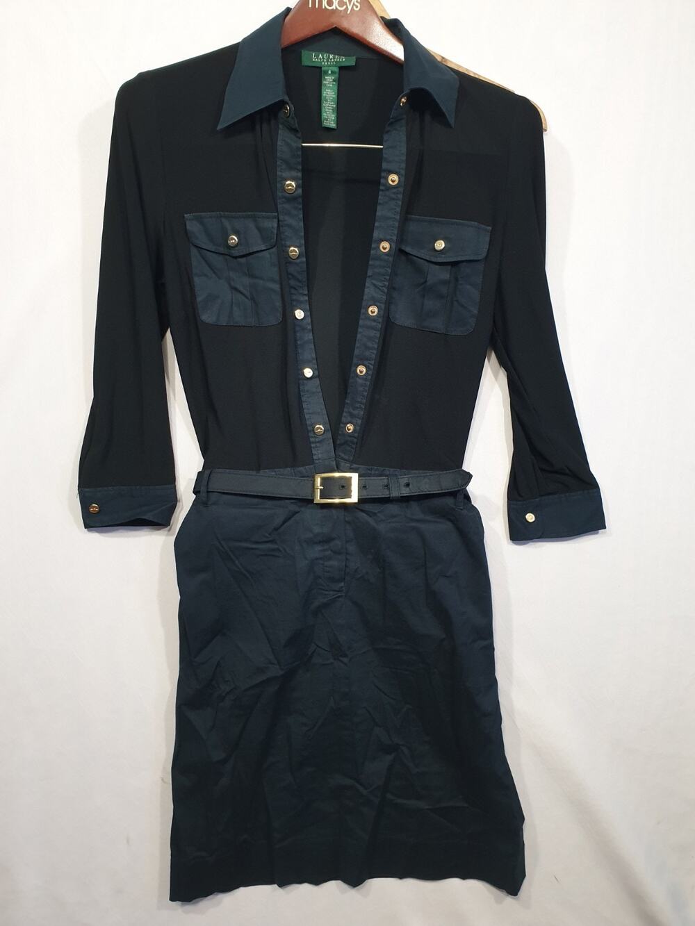 Lauren Ralph Lauren Safari Shirt Dress 6 Navy Blue Gold Button Belted Utility